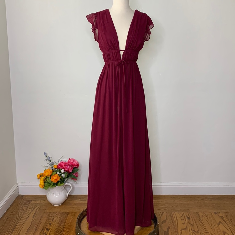LULU’S I’m All Yours Ruffle Burgundy Maxi Dress, M